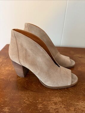 Lucky Brand Women's Joal Shooties in a beige suede color with a stacked heel